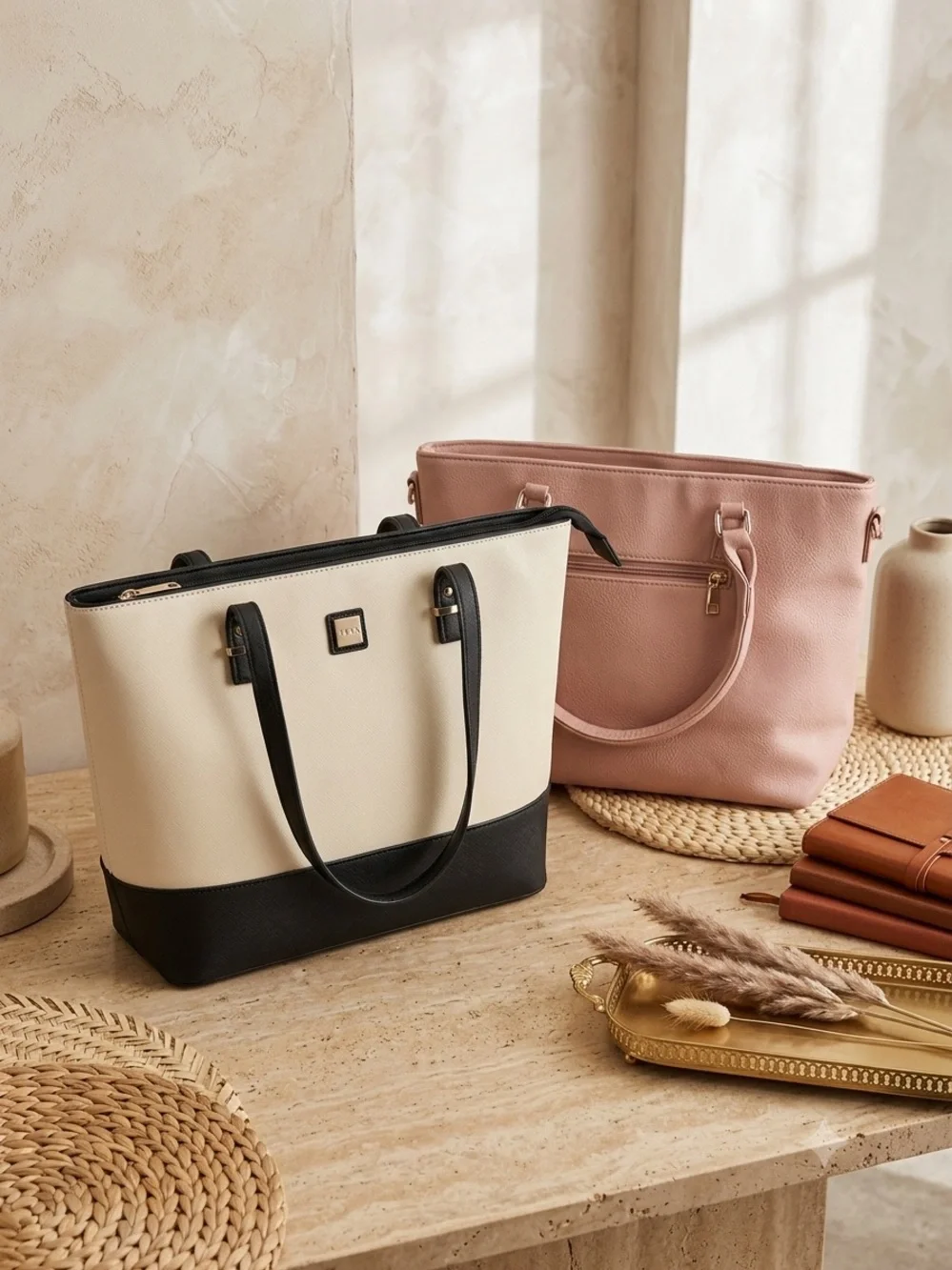 👜 Elegant & Spacious Handbag (Tote) Duo (Cream/Black + Pink) – Like New!